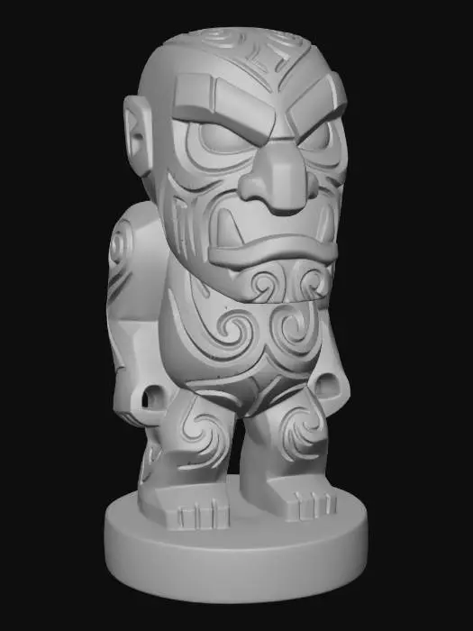 3D model for A 3D image of a simple wooden carved monster shape, indigenous, menacing, standing on a round base.  Thick and bold details.  Deeply etched and embossed details. Solid colored background.