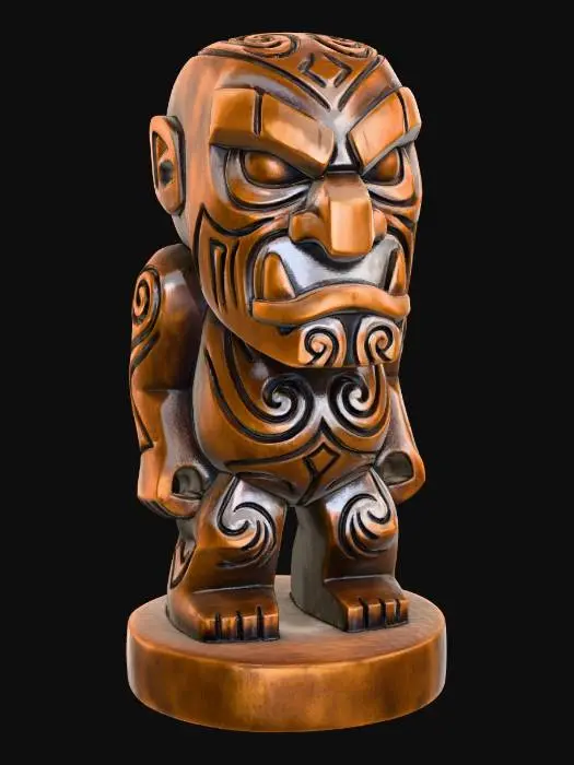3D model for A 3D image of a simple wooden carved monster shape, indigenous, menacing, standing on a round base.  Thick and bold details.  Deeply etched and embossed details. Solid colored background.