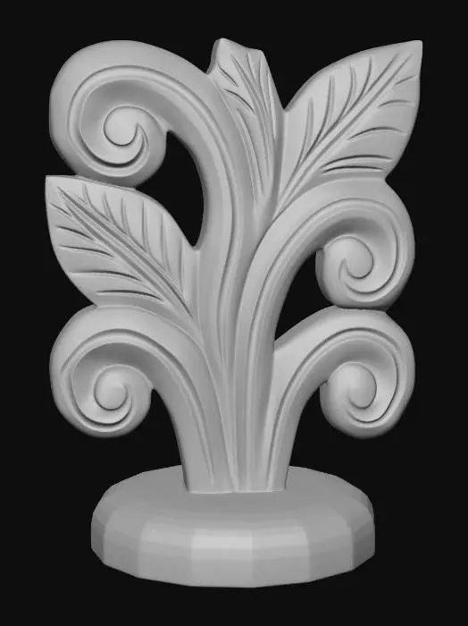 3D model for A 3D image of a simple wooden carved plant shape, indigenous, standing on a round base.  Thick and bold details.  Deeply etched and embossed details. Solid colored background.
