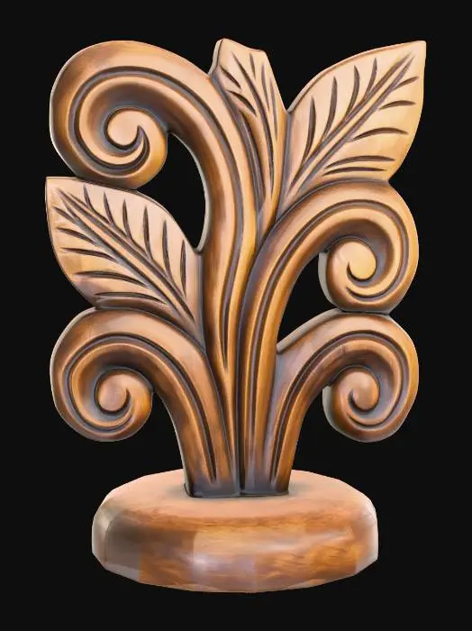 3D model for A 3D image of a simple wooden carved plant shape, indigenous, standing on a round base.  Thick and bold details.  Deeply etched and embossed details. Solid colored background.