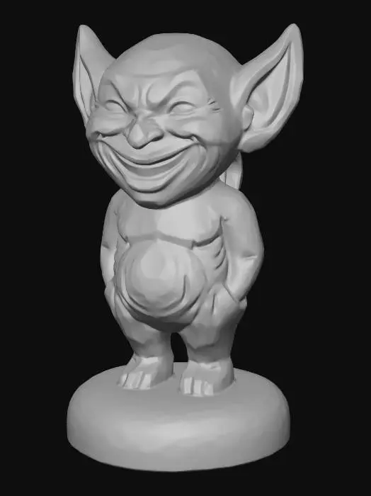 3D model for A 3D image of a simple wooden carved imp shape standing on a round base. Thick and bold details. Deeply etched and embossed details. Solid colored background.