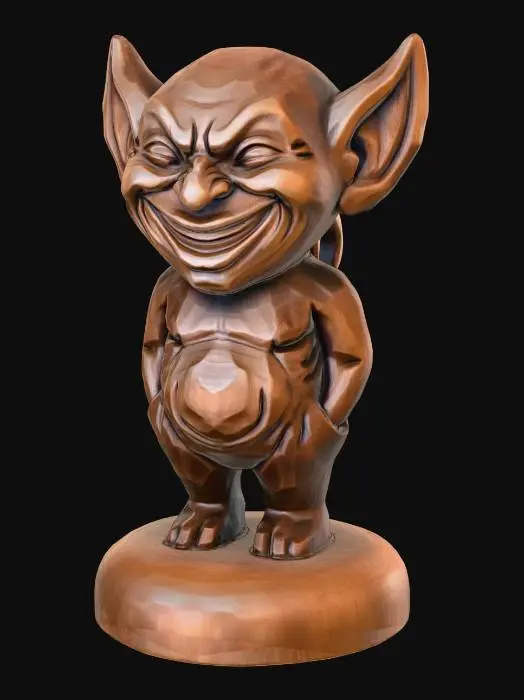 3D model for A 3D image of a simple wooden carved imp shape standing on a round base. Thick and bold details. Deeply etched and embossed details. Solid colored background.