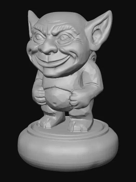 3D model for A 3D image of a simple wooden carved imp shape standing on a round base. Thick and bold details. Deeply etched and embossed details. Solid colored background.