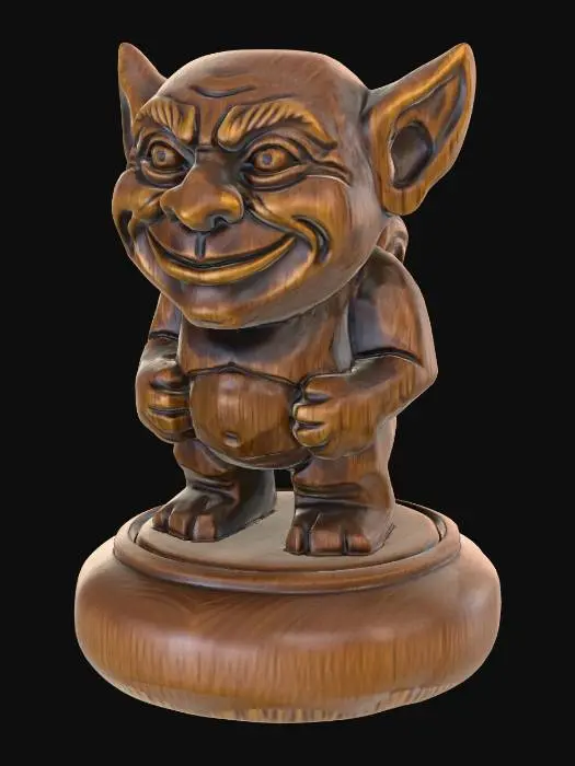3D model for A 3D image of a simple wooden carved imp shape standing on a round base. Thick and bold details. Deeply etched and embossed details. Solid colored background.
