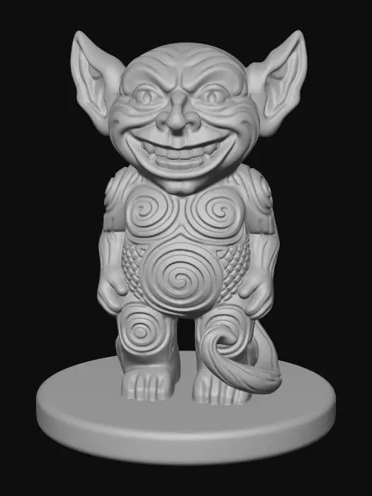 3D model for A 3D image of a simple wooden carved imp shape standing on a round base. Thick and bold details. Deeply etched and embossed details. Solid colored background.