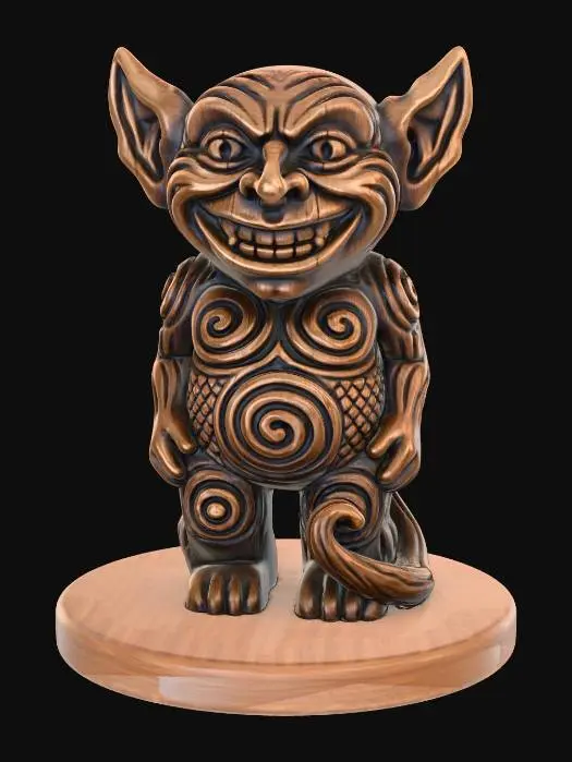 3D model for A 3D image of a simple wooden carved imp shape standing on a round base. Thick and bold details. Deeply etched and embossed details. Solid colored background.