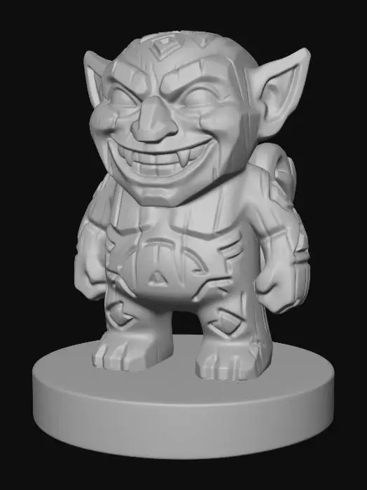 3D model for A 3D image of a simple wooden carved imp shape standing on a round base. Thick and bold details. Deeply etched and embossed details. Solid colored background.