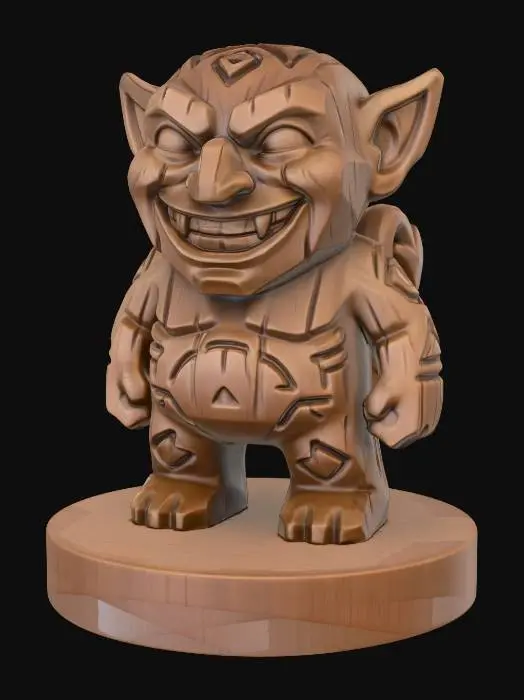 3D model for A 3D image of a simple wooden carved imp shape standing on a round base. Thick and bold details. Deeply etched and embossed details. Solid colored background.