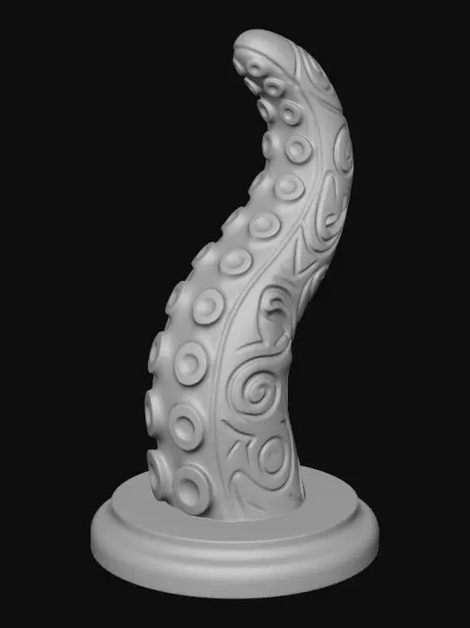 3D model for A 3D image of a simple wooden carved tentacle shape standing on a round base.  Thick and bold details.  Deeply etched and embossed details. Solid colored background.