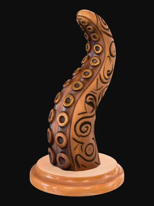 3D model for A 3D image of a simple wooden carved tentacle shape standing on a round base.  Thick and bold details.  Deeply etched and embossed details. Solid colored background.