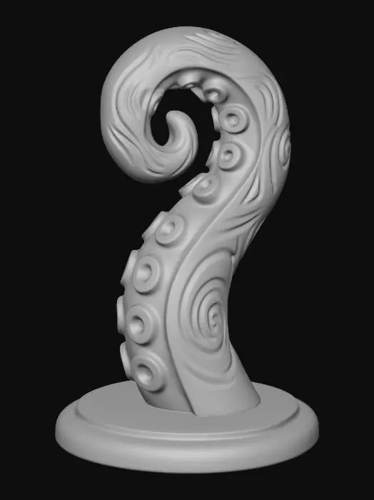 3D model for A 3D image of a simple wooden carved tentacle shape standing on a round base.  Thick and bold details.  Deeply etched and embossed details. Solid colored background.