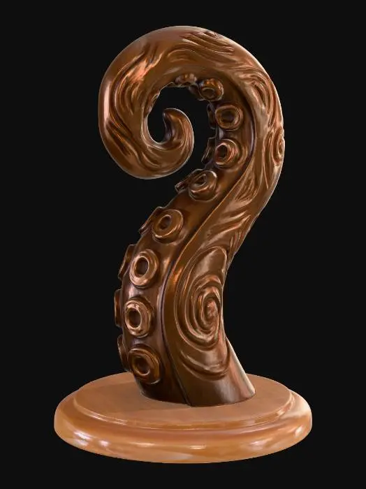 3D model for A 3D image of a simple wooden carved tentacle shape standing on a round base.  Thick and bold details.  Deeply etched and embossed details. Solid colored background.