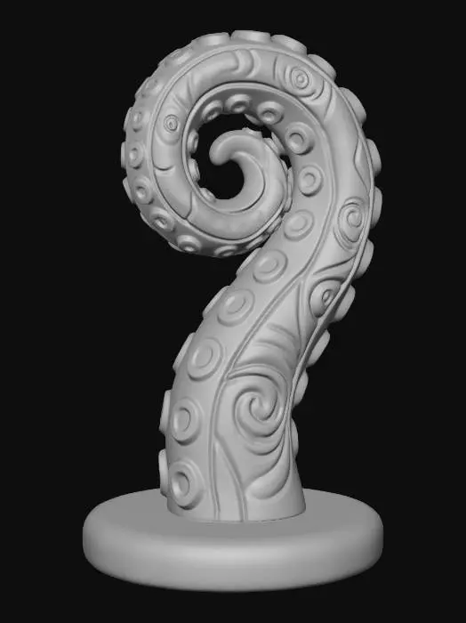 3D model for A 3D image of a simple wooden carved tentacle shape standing on a round base.  Thick and bold details.  Deeply etched and embossed details. Solid colored background.