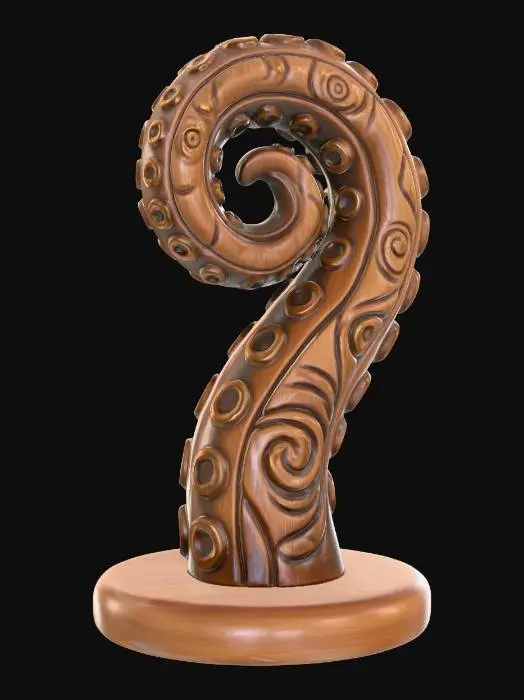 3D model for A 3D image of a simple wooden carved tentacle shape standing on a round base.  Thick and bold details.  Deeply etched and embossed details. Solid colored background.
