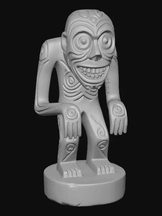3D model for A 3D image of a simple wooden carved ghoul shape standing on a round base. Thick and bold details. Deeply etched and embossed details. Solid colored background.