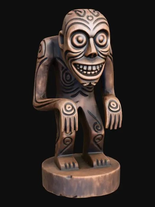 3D model for A 3D image of a simple wooden carved ghoul shape standing on a round base. Thick and bold details. Deeply etched and embossed details. Solid colored background.