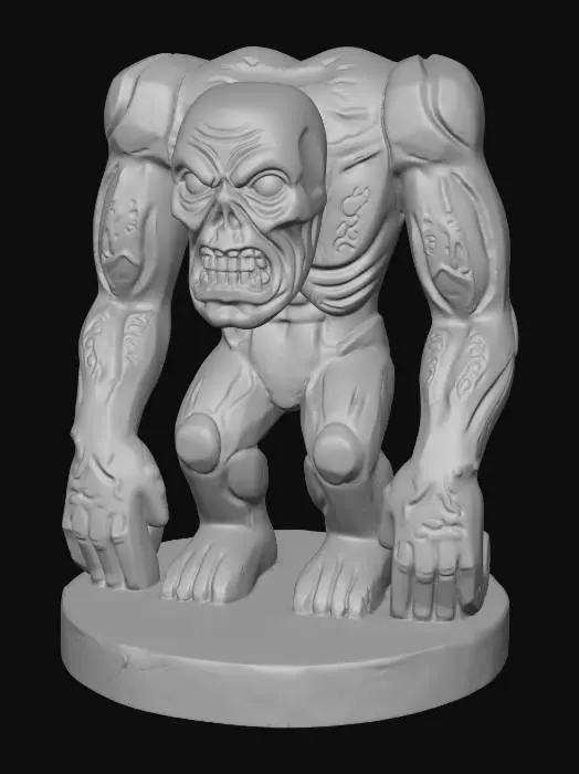 3D model for A 3D image of a simple wooden carved ghoul shape standing on a round base. Thick and bold details. Deeply etched and embossed details. Solid colored background.