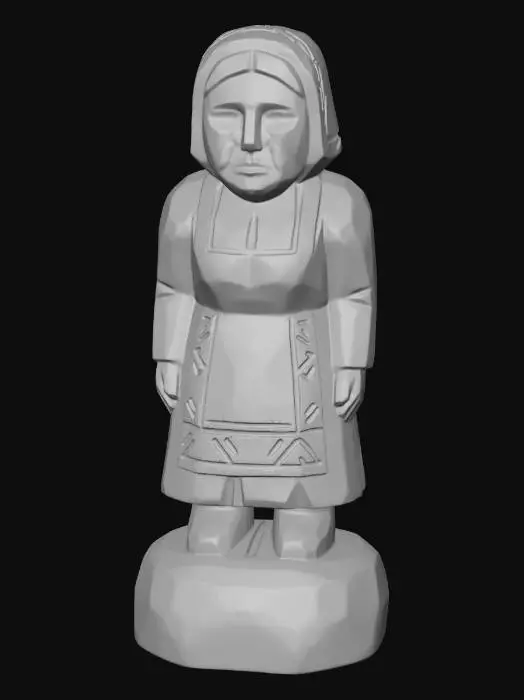 3D model for A 3D image of a simple wooden carved female villager shape, chunky, roughly carved, standing on a round base.  Thick and bold details.  Deeply etched and embossed details. Solid colored background.