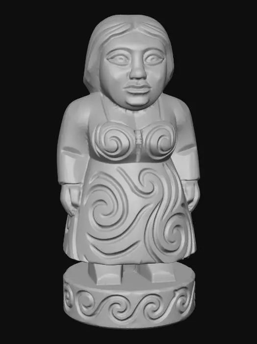 3D model for A 3D image of a simple wooden carved female villager shape, chunky, roughly carved, standing on a round base.  Thick and bold details.  Deeply etched and embossed details. Solid colored background.