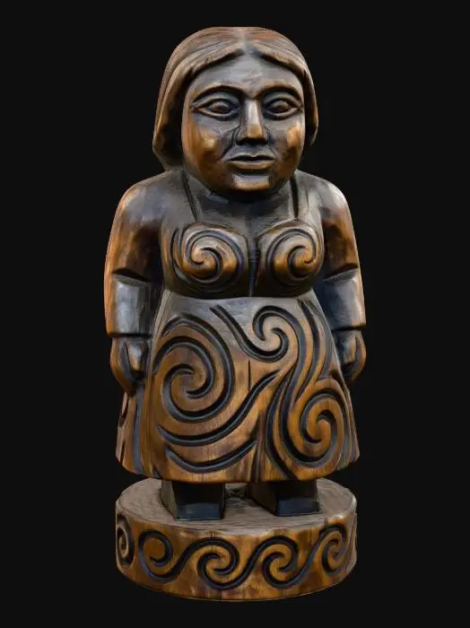 3D model for A 3D image of a simple wooden carved female villager shape, chunky, roughly carved, standing on a round base.  Thick and bold details.  Deeply etched and embossed details. Solid colored background.