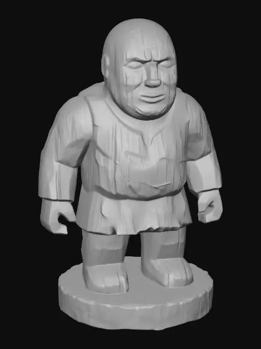 3D model for A 3D image of a simple wooden carved male villager shape, chunky, roughly carved, standing on a round base.  Thick and bold details.  Deeply etched and embossed details. Solid colored background.