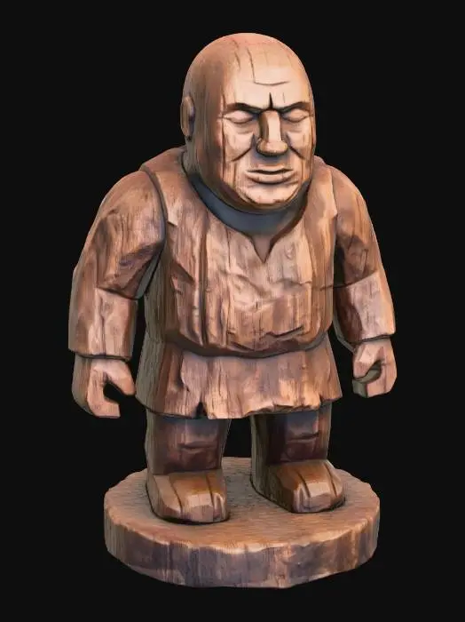 3D model for A 3D image of a simple wooden carved male villager shape, chunky, roughly carved, standing on a round base.  Thick and bold details.  Deeply etched and embossed details. Solid colored background.