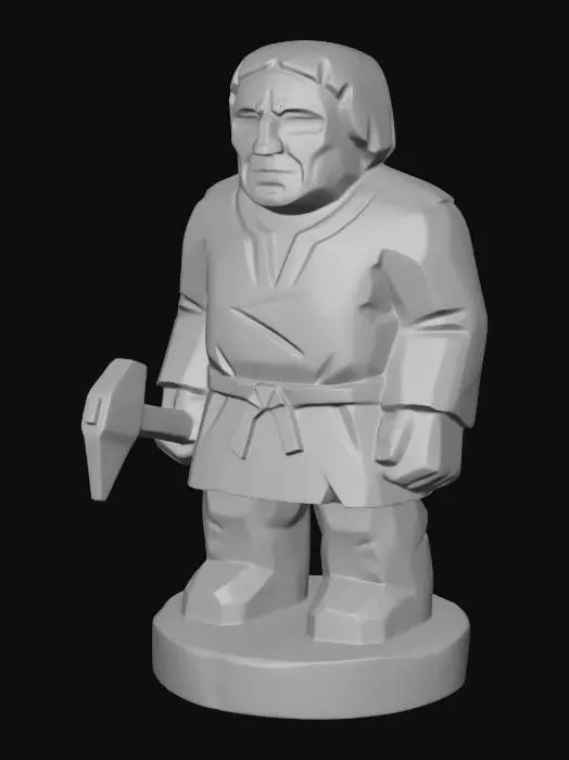 3D model for A 3D image of a simple wooden carved male villager shape, chunky, roughly carved, standing on a round base.  Thick and bold details.  Deeply etched and embossed details. Solid colored background.