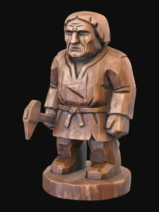 3D model for A 3D image of a simple wooden carved male villager shape, chunky, roughly carved, standing on a round base.  Thick and bold details.  Deeply etched and embossed details. Solid colored background.