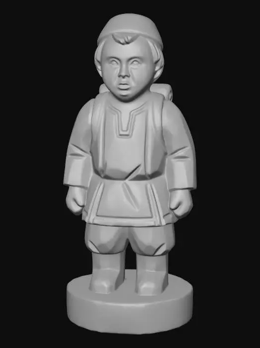 3D model for A 3D image of a simple wooden carved male child villager shape, chunky, roughly carved, standing on a round base.  Thick and bold details.  Deeply etched and embossed details. Solid colored background.