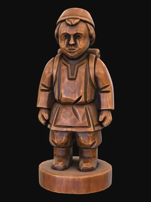 3D model for A 3D image of a simple wooden carved male child villager shape, chunky, roughly carved, standing on a round base.  Thick and bold details.  Deeply etched and embossed details. Solid colored background.