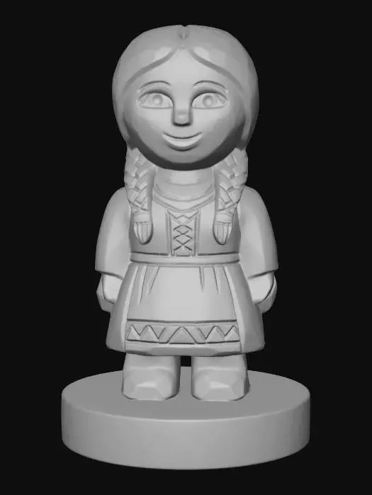 3D model for A 3D image of a simple wooden carved female child villager shape, chunky, roughly carved, standing on a round base.  Thick and bold details.  Deeply etched and embossed details. Solid colored background.