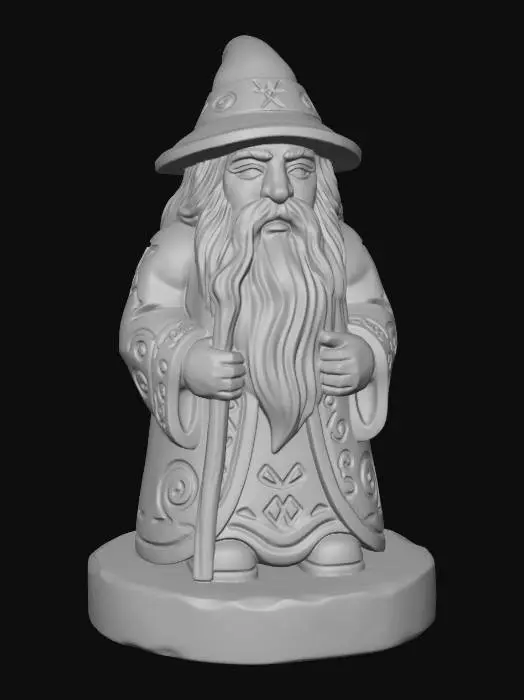 3D model for A 3D image of a simple wooden carved wizard shape, chunky, roughly carved, standing on a round base.  Thick and bold details.  Deeply etched and embossed details. Solid colored background.