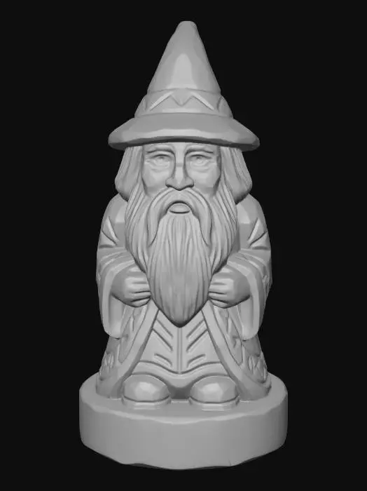 3D model for A 3D image of a simple wooden carved wizard shape, chunky, roughly carved, standing on a round base.  Thick and bold details.  Deeply etched and embossed details. Solid colored background.