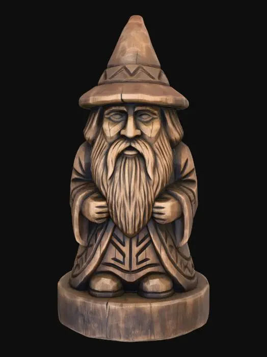 3D model for A 3D image of a simple wooden carved wizard shape, chunky, roughly carved, standing on a round base.  Thick and bold details.  Deeply etched and embossed details. Solid colored background.