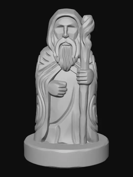 3D model for A 3D image of a simple wooden carved druid shape, chunky, roughly carved, standing on a round base.  Thick and bold details.  Deeply etched and embossed details. Solid colored background.