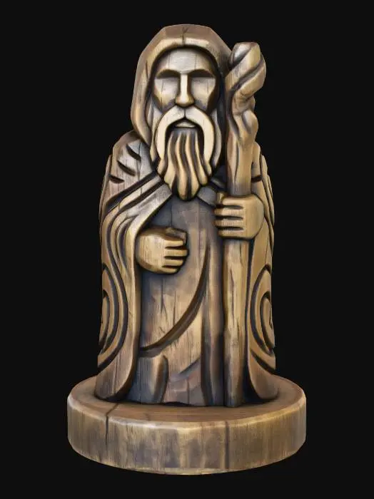 3D model for A 3D image of a simple wooden carved druid shape, chunky, roughly carved, standing on a round base.  Thick and bold details.  Deeply etched and embossed details. Solid colored background.