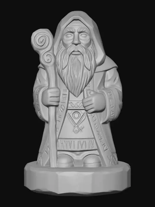 3D model for A 3D image of a simple wooden carved druid shape, chunky, roughly carved, standing on a round base.  Thick and bold details.  Deeply etched and embossed details. Solid colored background.
