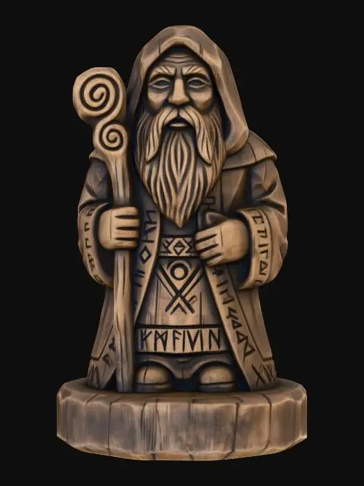 3D model for A 3D image of a simple wooden carved druid shape, chunky, roughly carved, standing on a round base.  Thick and bold details.  Deeply etched and embossed details. Solid colored background.