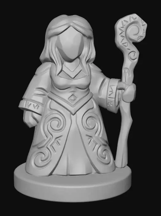 3D model for A 3D image of a simple wooden carved sorceress shape, chunky, roughly carved, standing on a round base.  Thick and bold details.  Deeply etched and embossed details. Solid colored background.
