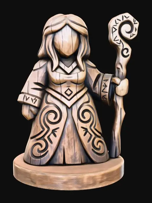 3D model for A 3D image of a simple wooden carved sorceress shape, chunky, roughly carved, standing on a round base.  Thick and bold details.  Deeply etched and embossed details. Solid colored background.