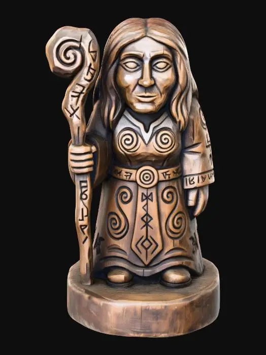 3D model for A 3D image of a simple wooden carved sorceress shape, chunky, roughly carved, standing on a round base.  Thick and bold details.  Deeply etched and embossed details. Solid colored background.