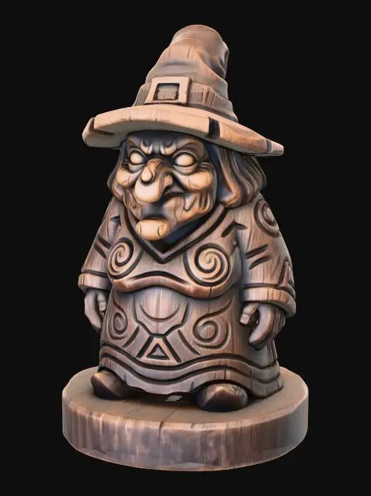 3D model for A 3D image of a simple wooden carved witch shape, chunky, roughly carved, standing on a round base.  Thick and bold details.  Deeply etched and embossed details. Solid colored background.