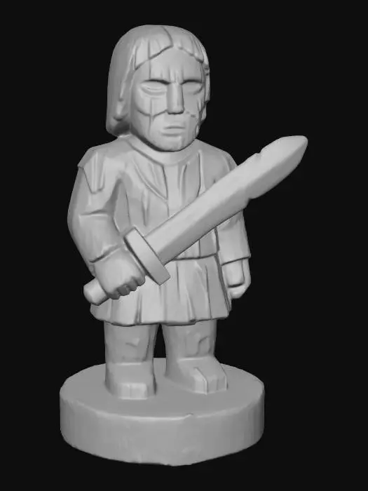 3D model for A 3D image of a simple wooden carved swordsman shape, chunky, roughly carved, standing on a round base.  Thick and bold details.  Deeply etched and embossed details. Solid colored background.