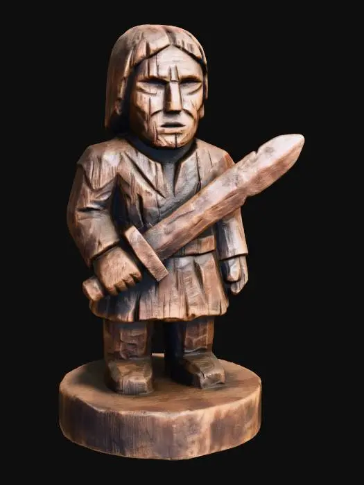 3D model for A 3D image of a simple wooden carved swordsman shape, chunky, roughly carved, standing on a round base.  Thick and bold details.  Deeply etched and embossed details. Solid colored background.