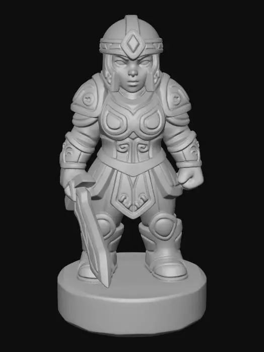 3D model for A 3D image of a simple wooden carved swordswoman shape, chunky, roughly carved, standing on a round base.  Thick and bold details.  Deeply etched and embossed details. Solid colored background.