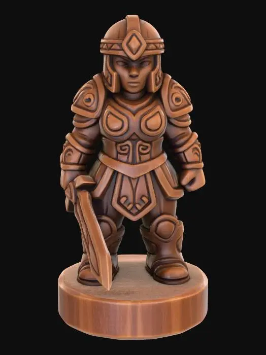 3D model for A 3D image of a simple wooden carved swordswoman shape, chunky, roughly carved, standing on a round base.  Thick and bold details.  Deeply etched and embossed details. Solid colored background.
