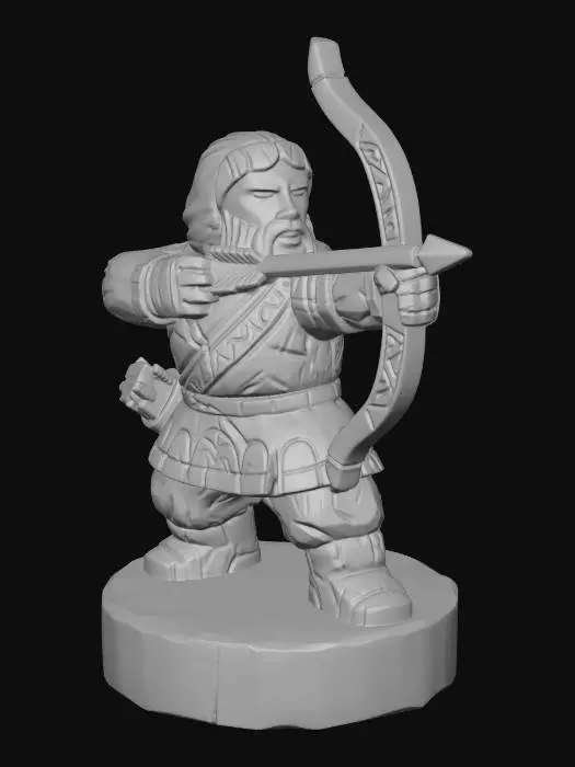 3D model for A 3D image of a simple wooden carved archer shape, chunky, roughly carved, standing on a round base. Thick and bold details. Deeply etched and embossed details. Solid colored background.