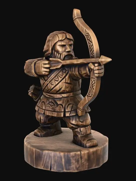 3D model for A 3D image of a simple wooden carved archer shape, chunky, roughly carved, standing on a round base. Thick and bold details. Deeply etched and embossed details. Solid colored background.