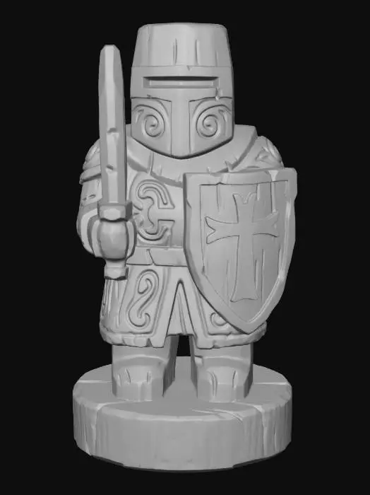 3D model for A 3D image of a simple wooden carved paladin shape, chunky, roughly carved, standing on a round base.  Thick and bold details.  Deeply etched and embossed details. Solid colored background.
