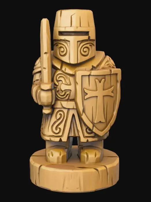 3D model for A 3D image of a simple wooden carved paladin shape, chunky, roughly carved, standing on a round base.  Thick and bold details.  Deeply etched and embossed details. Solid colored background.